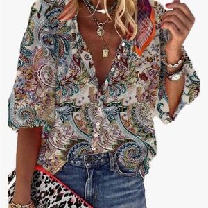 Lena Blue and Gold Casual Button Down Shirt with Shimmering Elegance